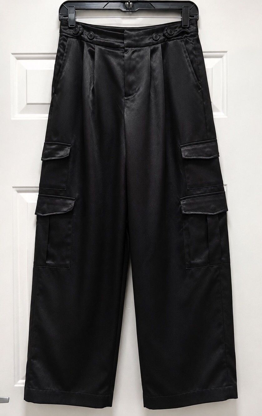 A New Day Satin Cargo Pants Womens 2 Black High Rise Wide Leg Utility Pleated